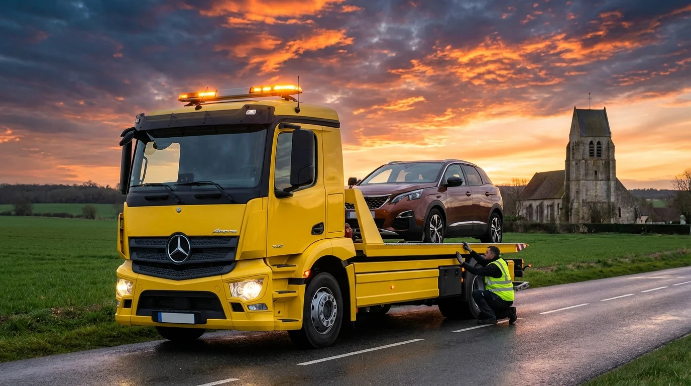 Dépanneuse Fast Depann en intervention sur une route de campagne à Ableiges 95450 avec l'église en arrière-plan.