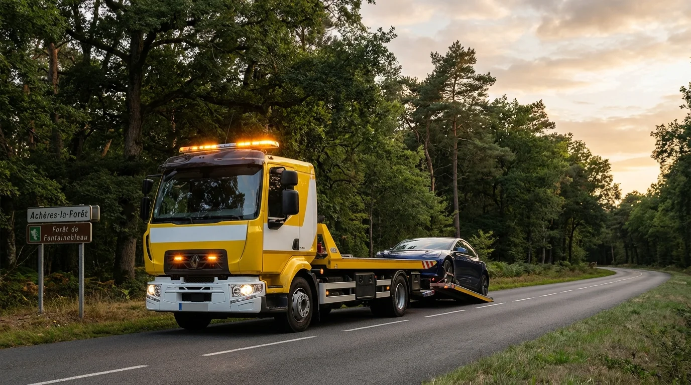 Dépanneuse Fast Depann en intervention sur une route forestière à Achères-la-Forêt