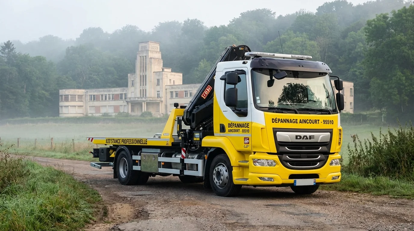 Dépanneuse Fast Depann en intervention à Aincourt devant un paysage du Vexin français
