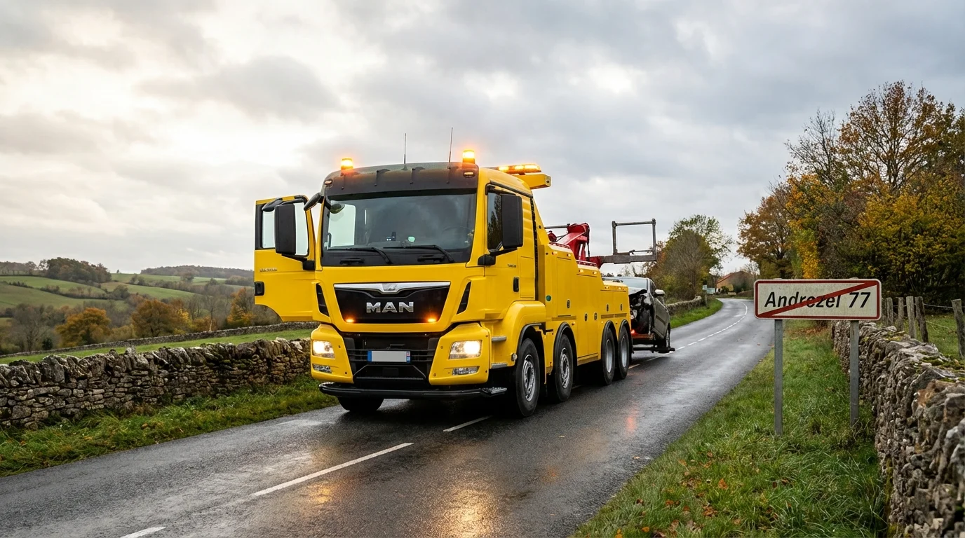 Dépanneuse Fast Depann en intervention d'urgence à Andrezel (77390) pour un remorquage auto.