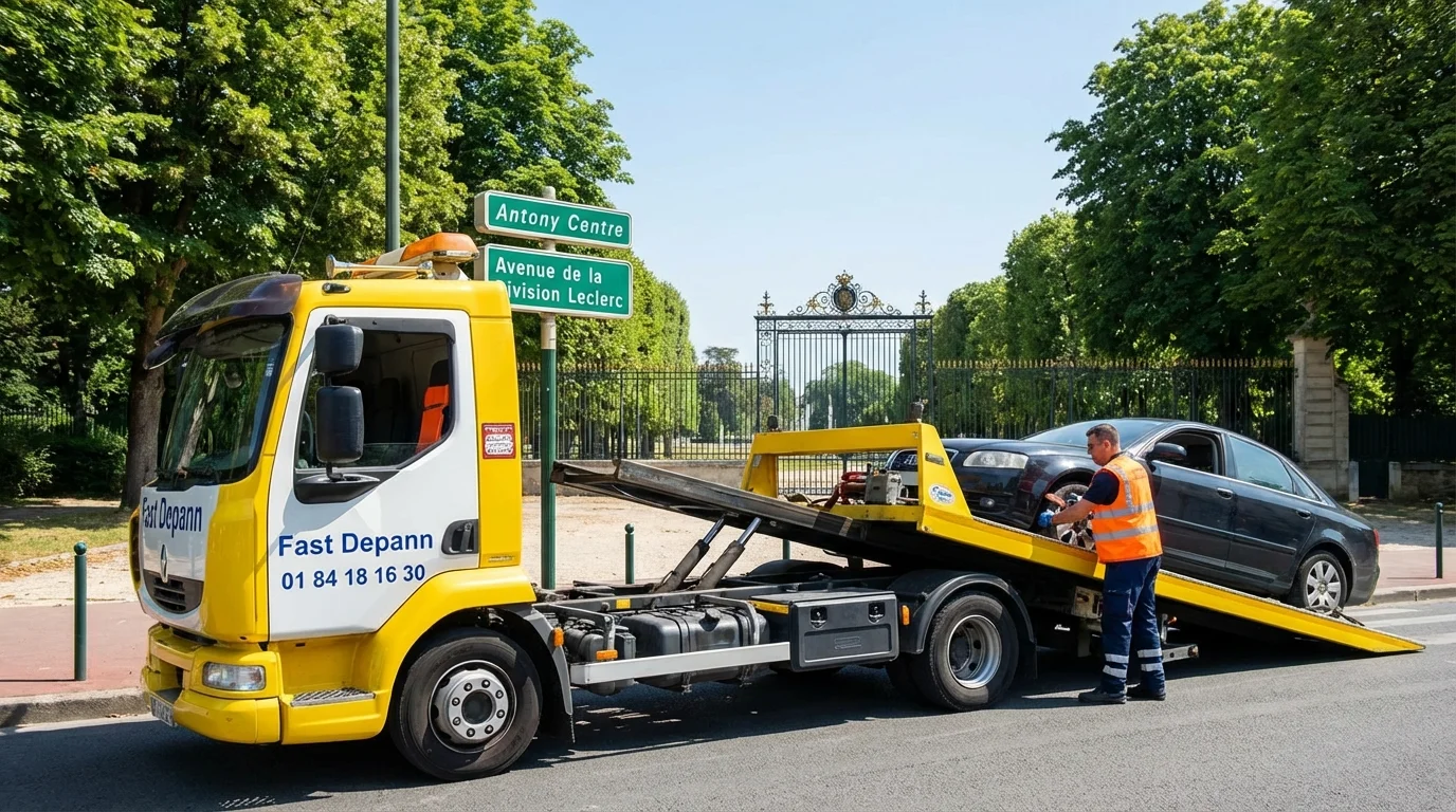 Dépanneuse Fast Depann en intervention pour remorquer une voiture en panne dans une rue d'Antony, près du Parc de Sceaux.
