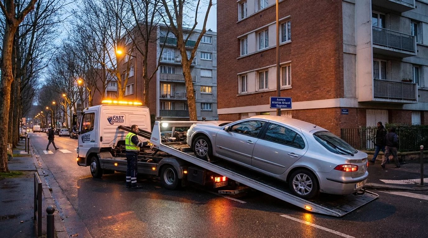 Dépanneuse Fast Depann en intervention pour remorquer une voiture en panne sur l'avenue Aristide Briand à Bagneux (92220).