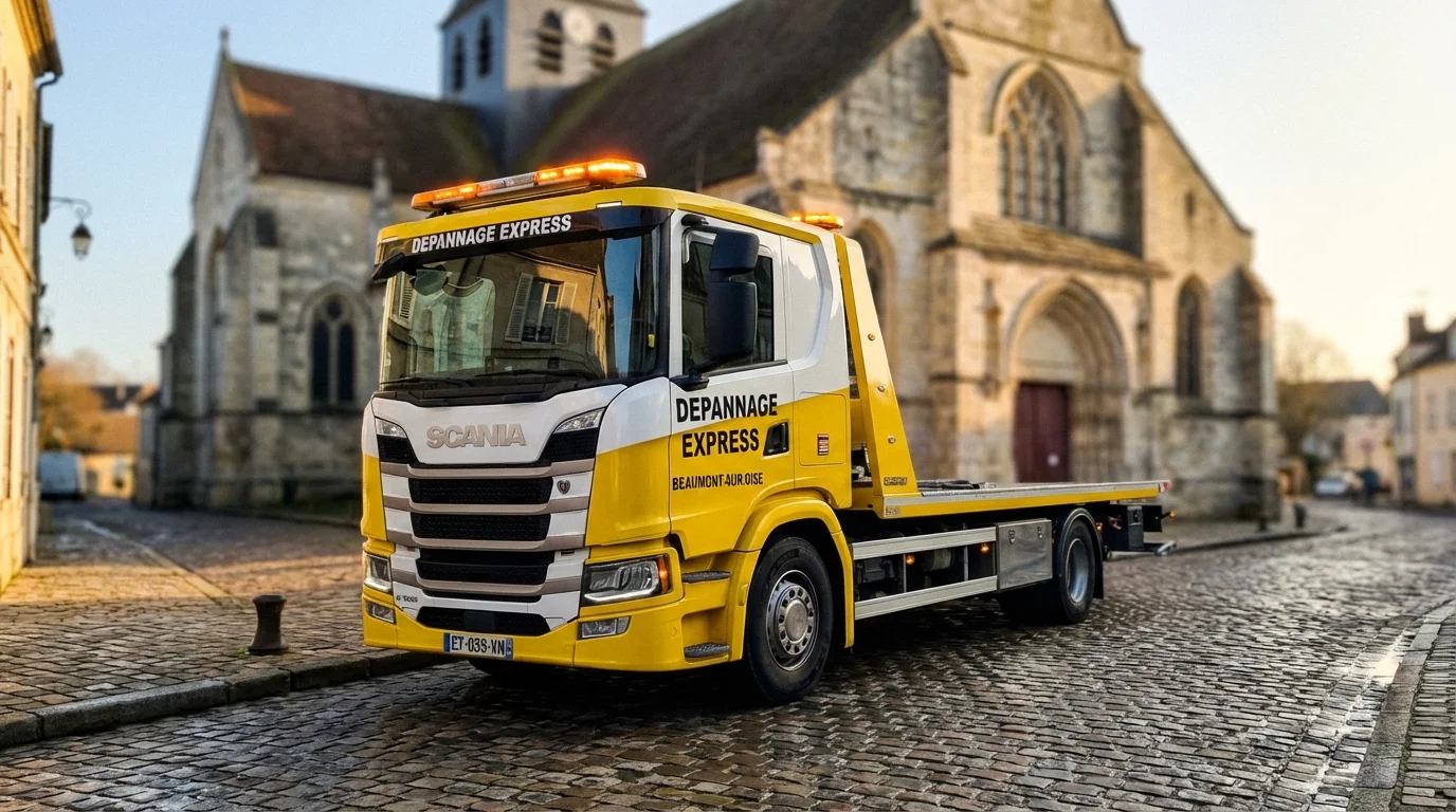 Dépanneuse Fast Depann en intervention à Beaumont-sur-Oise devant un monument historique