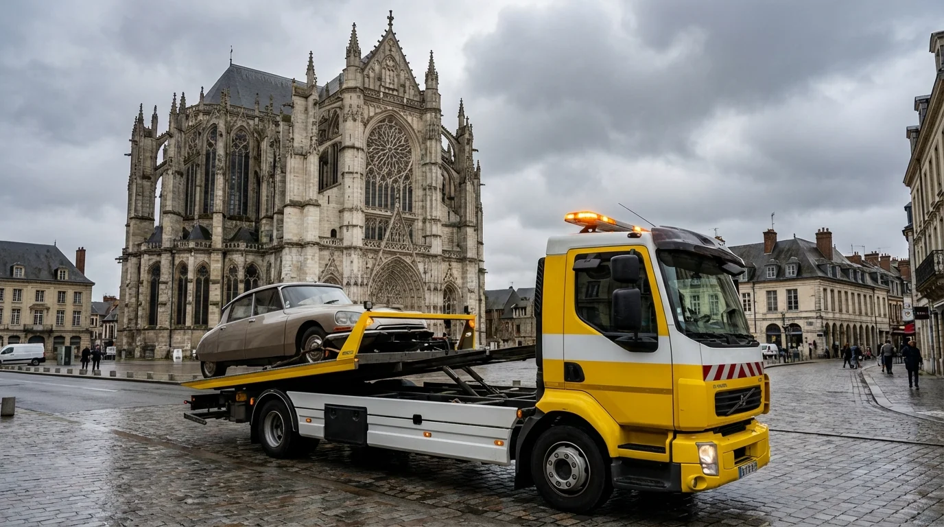 Dépanneuse Fast Depann en intervention devant la cathédrale de Beauvais