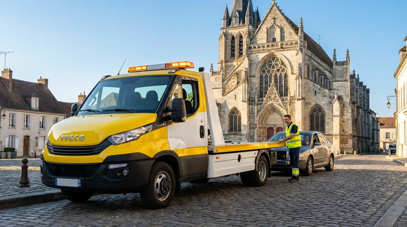Dépanneuse Fast Depann intervenant devant l'église de Belloy-en-France pour une assistance automobile