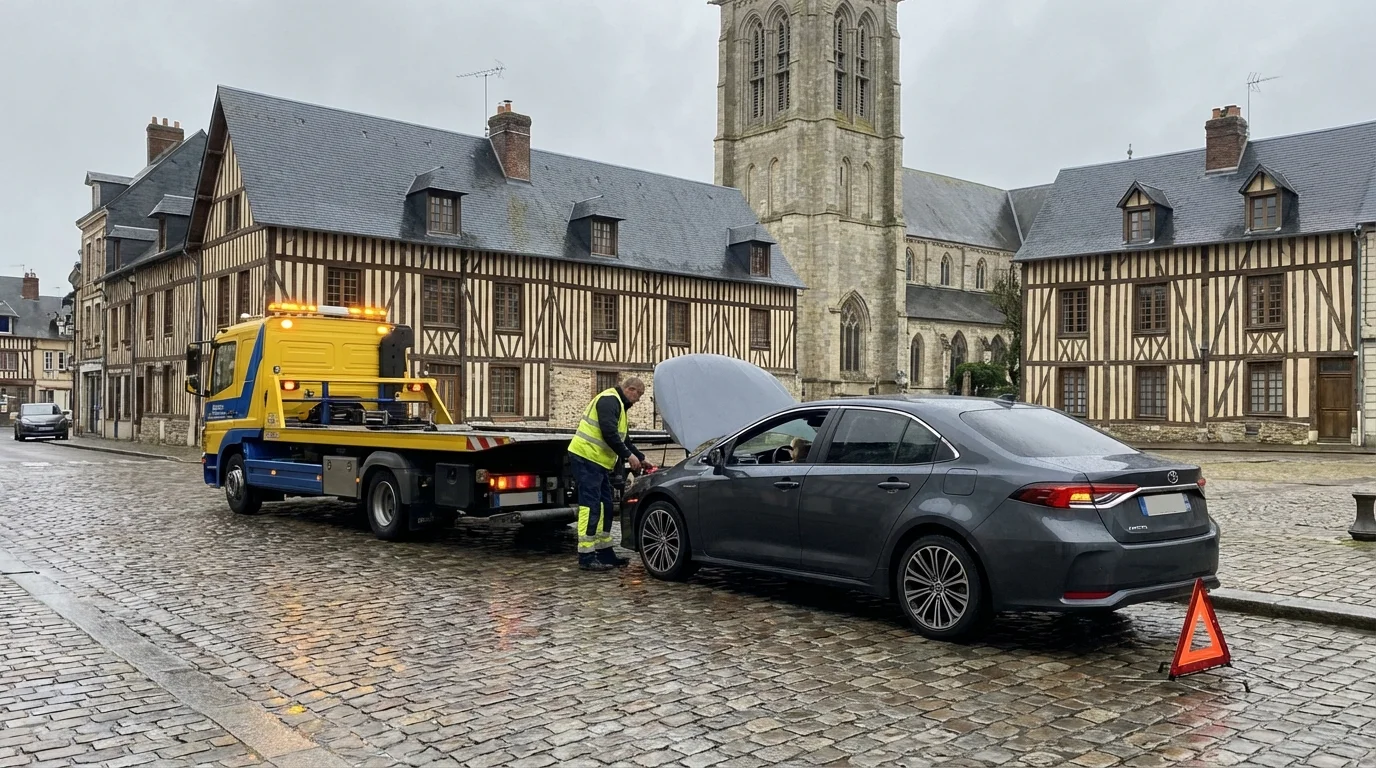 Dépanneuse Fast Depann intervenant dans le centre historique de Bernay 27300
