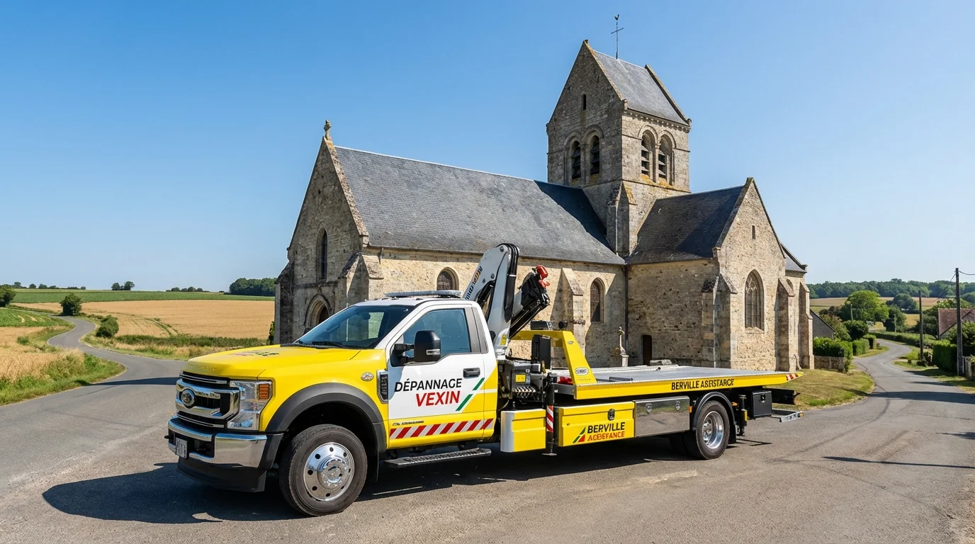 Dépanneuse Fast Depann en intervention devant l'église de Berville dans le Val-d'Oise