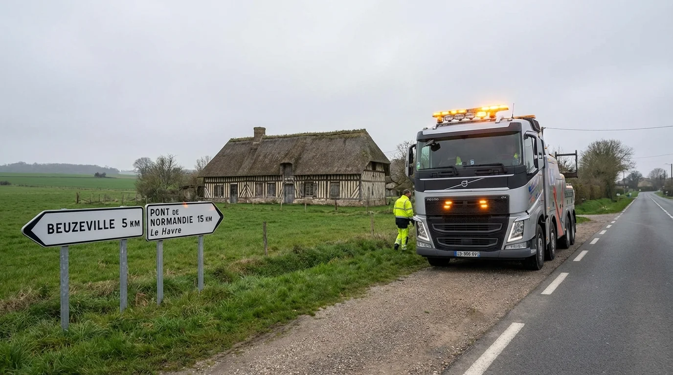 Dépanneuse Fast Depann en intervention à Beuzeville 27210 près d'une maison normande