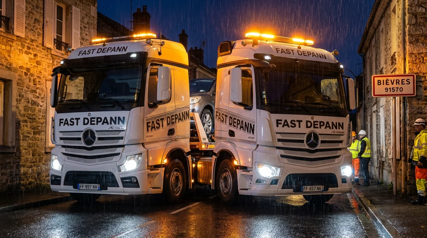 Dépanneuse Fast Depann en intervention nocturne à Bièvres pour un remorquage voiture