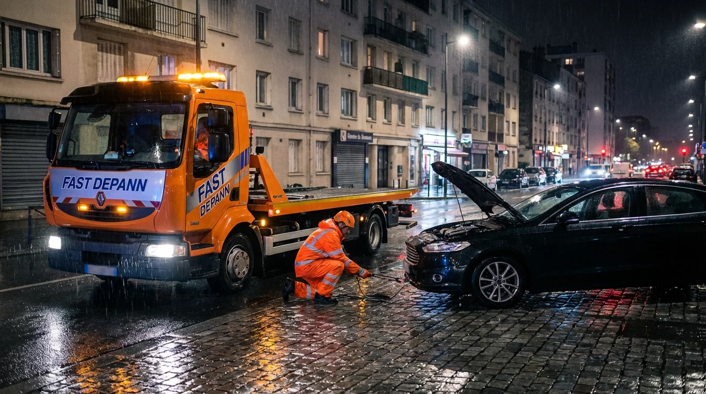 Dépanneuse Fast Depann en intervention nocturne pour un remorquage voiture à Bobigny 93000