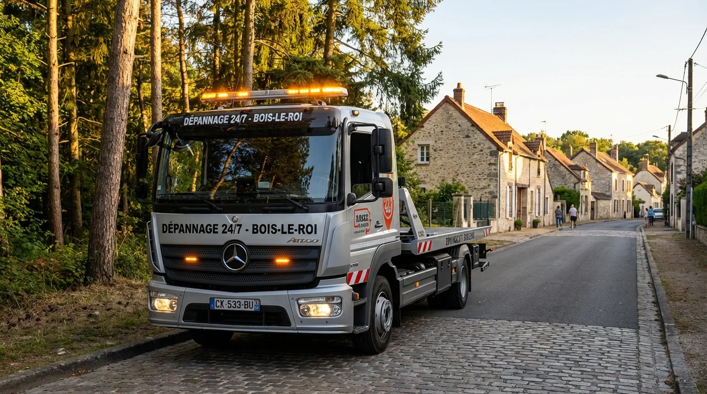 Camion de dépannage Fast Depann en intervention à Bois-le-Roi près de la forêt