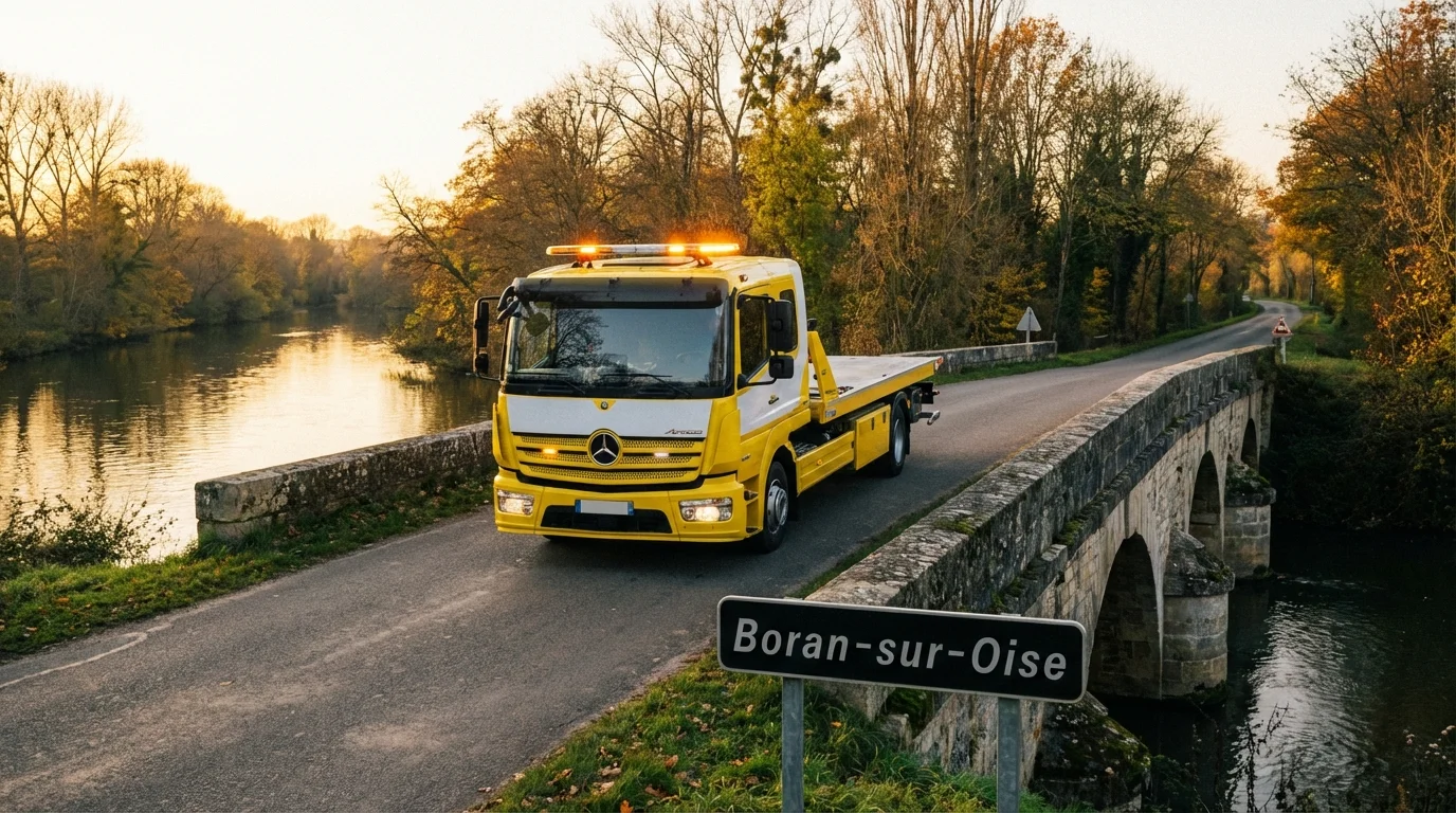 Dépanneuse Fast Depann en intervention près du pont de Boran-sur-Oise pour un remorquage urgent