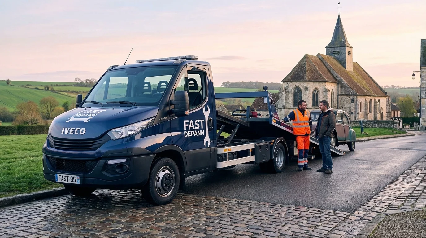 Dépanneuse Fast Depann intervenant pour une voiture en panne dans le village de Bouqueval (95720) près de l'église.