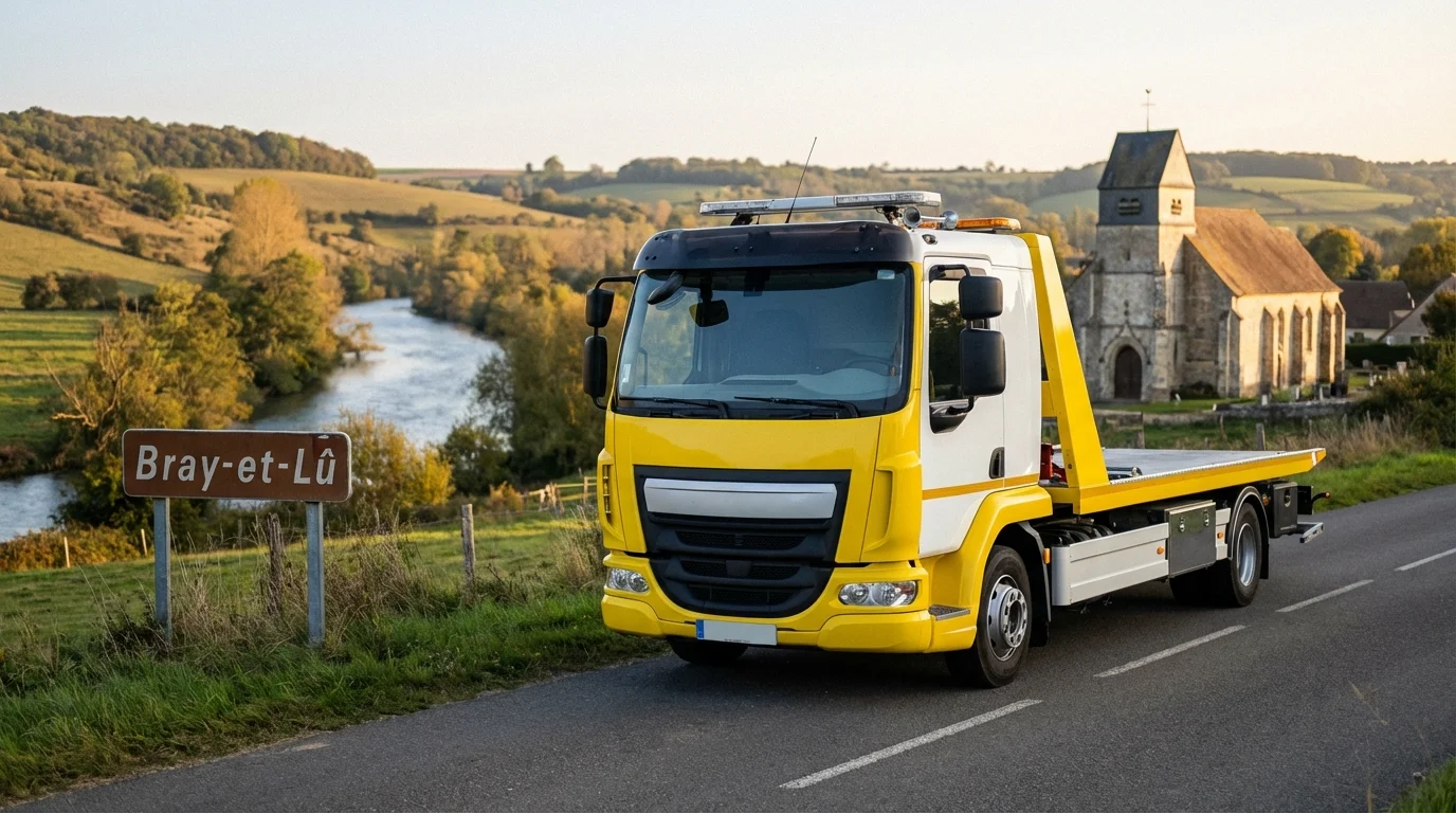 Dépanneuse Fast Depann en intervention à Bray-et-Lû près de la rivière Epte pour un remorquage auto.