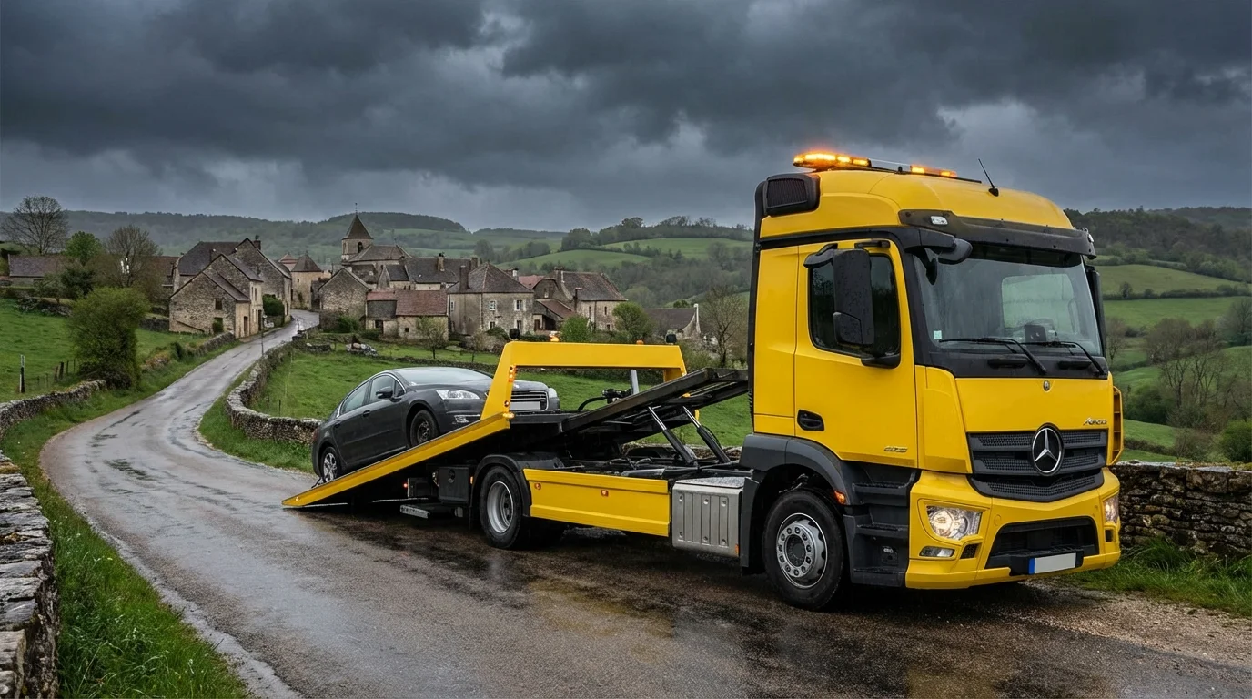 Dépanneuse Fast Depann intervenant sur une route de campagne à Breançon 95640 pour un véhicule en panne