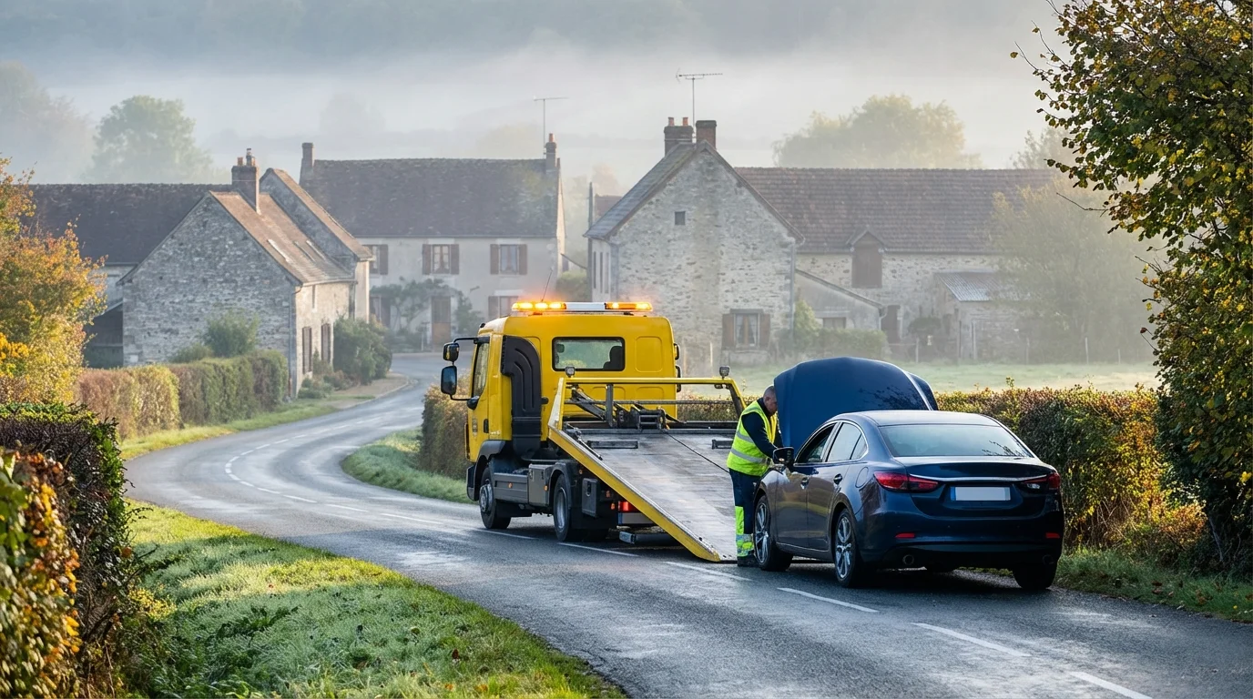 Dépanneuse Fast Depann intervenant sur une route rurale à Bregy 60440 pour un remorquage automobile.