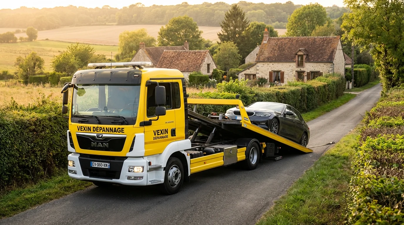 Camion de dépannage Fast Depann intervenant sur une route rurale à Brignancourt 95640