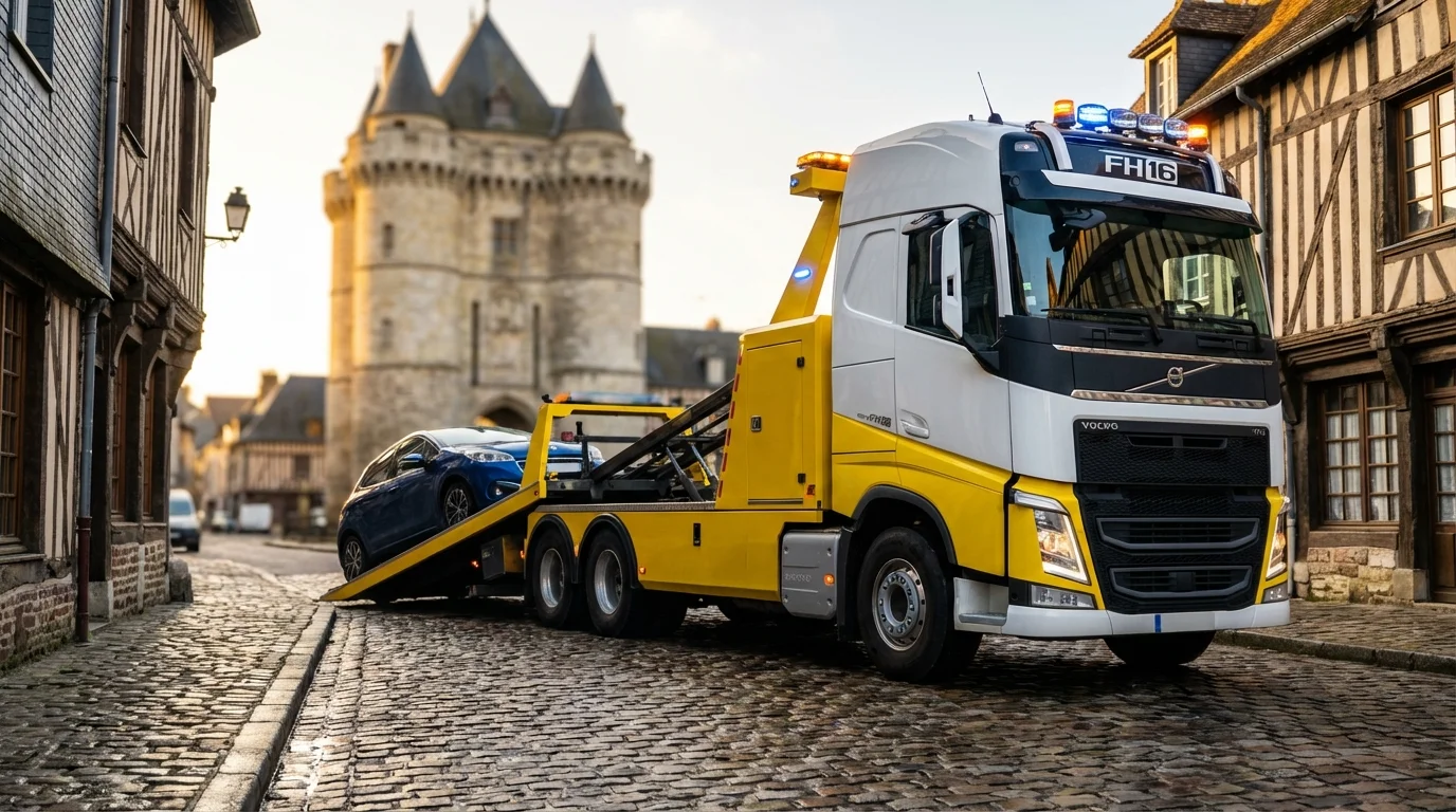 Dépanneuse Fast Depann intervenant à Brionne près du Donjon pour un remorquage auto