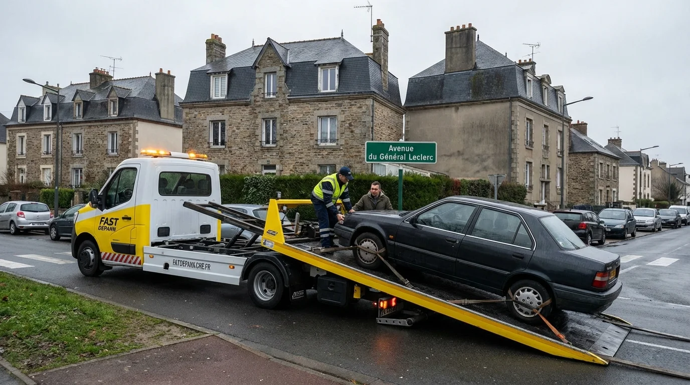 Dépanneuse Fast Depann en intervention pour remorquer une voiture en panne sur l'Avenue du Général Leclerc à Brunoy (91).