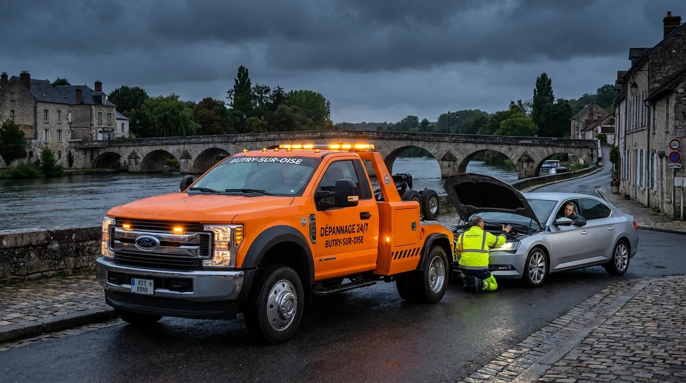 Dépanneur professionnel intervenant sur une voiture en panne à Butry-sur-Oise près du pont de l'Oise