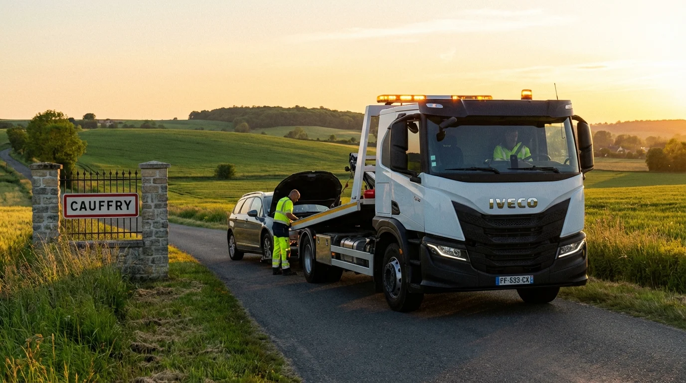 Dépanneuse Fast Depann en intervention d'urgence à Cauffry 60290 devant un panneau de signalisation.