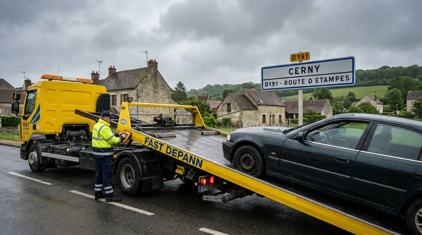 Dépanneuse Fast Depann en intervention de remorquage d'une voiture en panne sur une route à Cerny (91590), Essonne.
