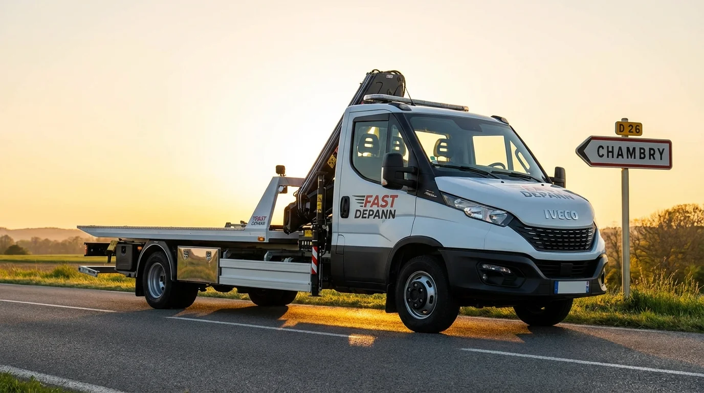 Dépanneuse Fast Depann en intervention à l'entrée de la ville de Chambry