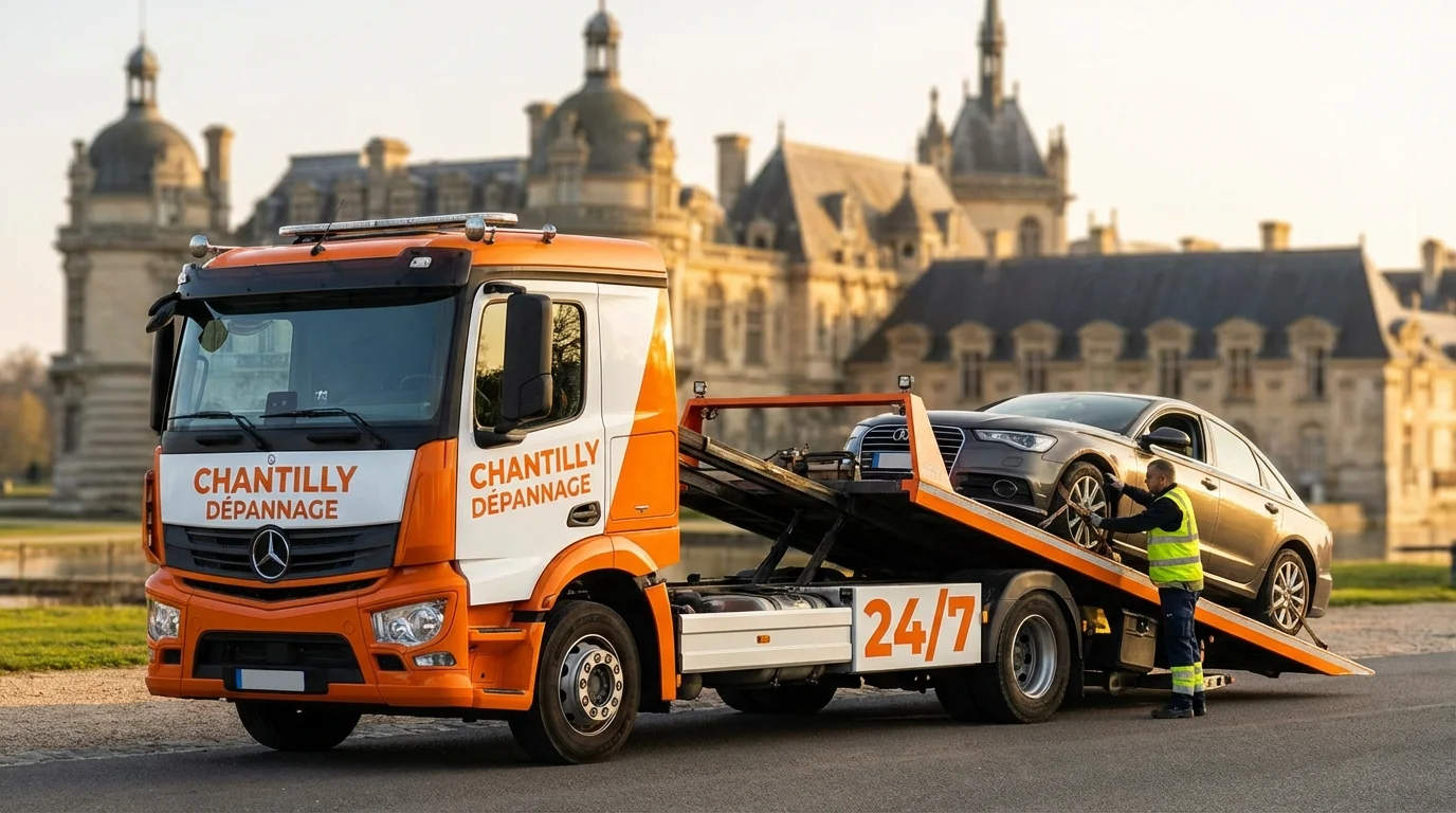 Dépanneuse Fast Depann intervenant devant le Château de Chantilly pour un remorquage automobile