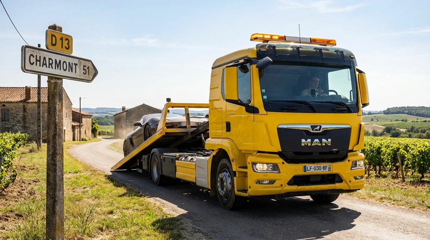 Dépanneuse Fast Depann intervenant pour un remorquage voiture à Charmont (51330) sur une route de campagne.