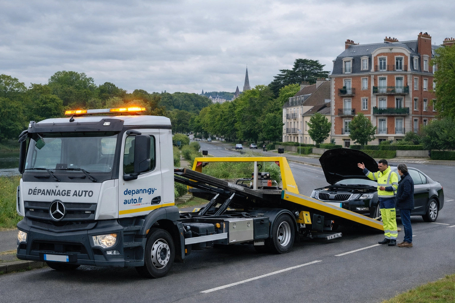 Dépanneuse Fast Depann en intervention pour remorquer une voiture en panne sur une avenue de Chatenay-Malabry, près du Parc de la Vallée-aux-Loups.