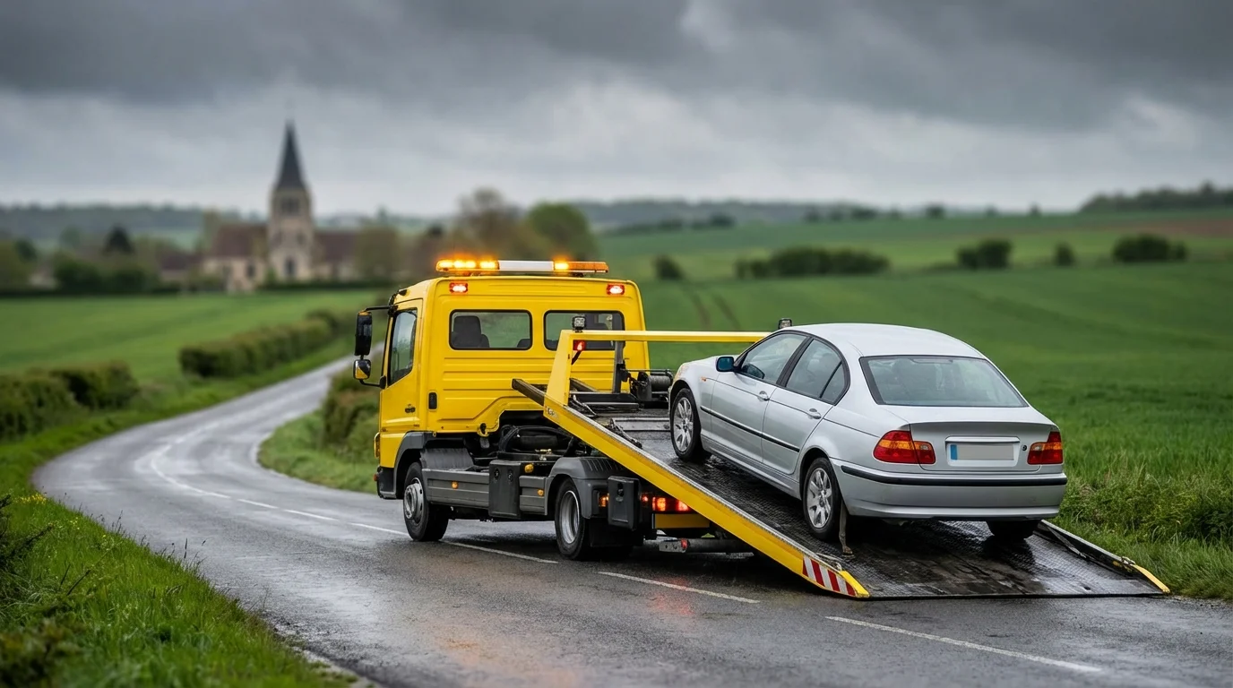 Dépanneuse Fast Depann en intervention de remorquage sur une route près de Chaumont-en-Vexin (60240)