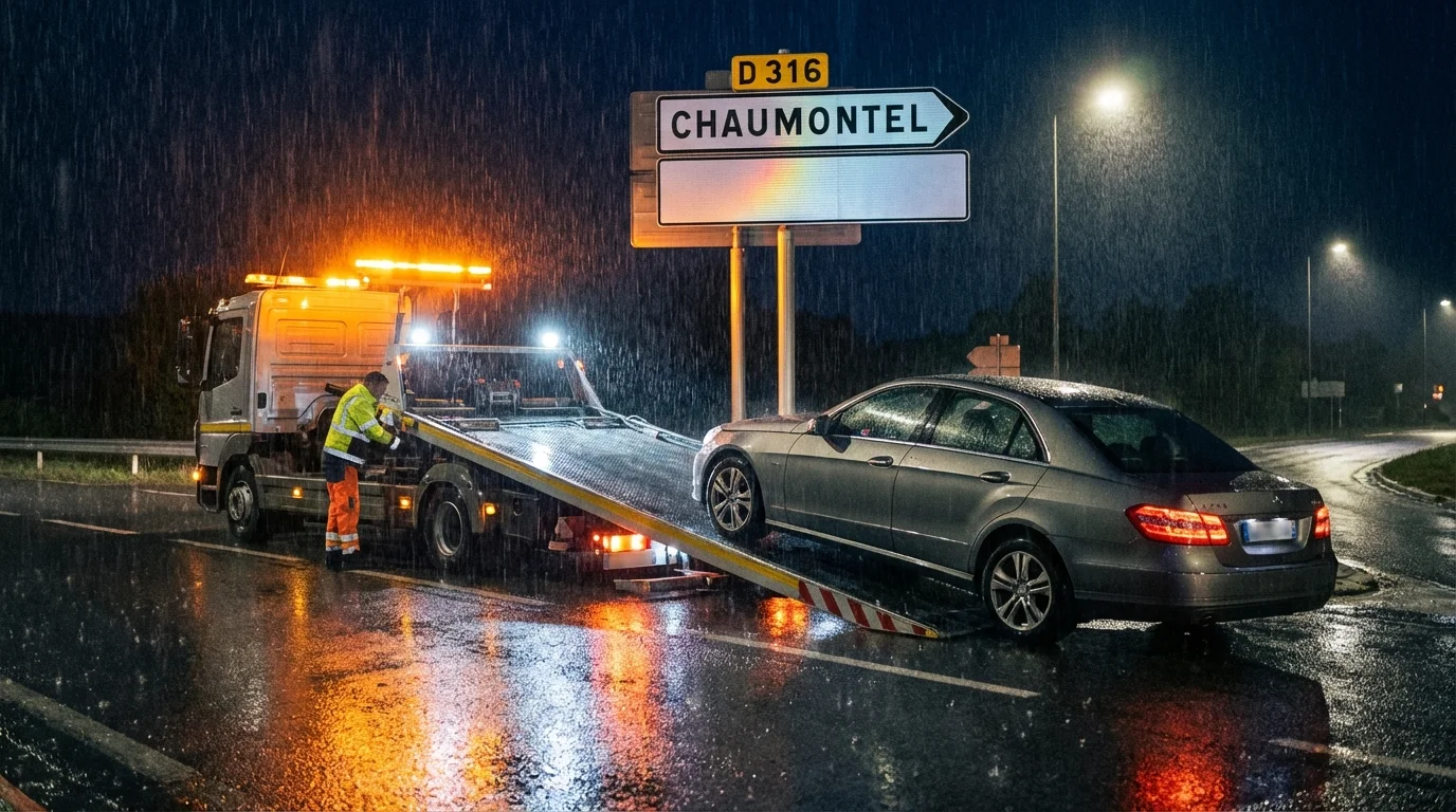 Dépanneuse Fast Depann intervenant d'urgence sur la D316 à Chaumontel pour un remorquage voiture