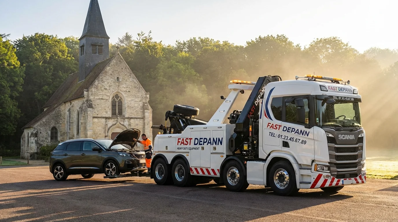 Dépanneuse Fast Depann en intervention à Chauvry devant l'église Saint-Nicolas