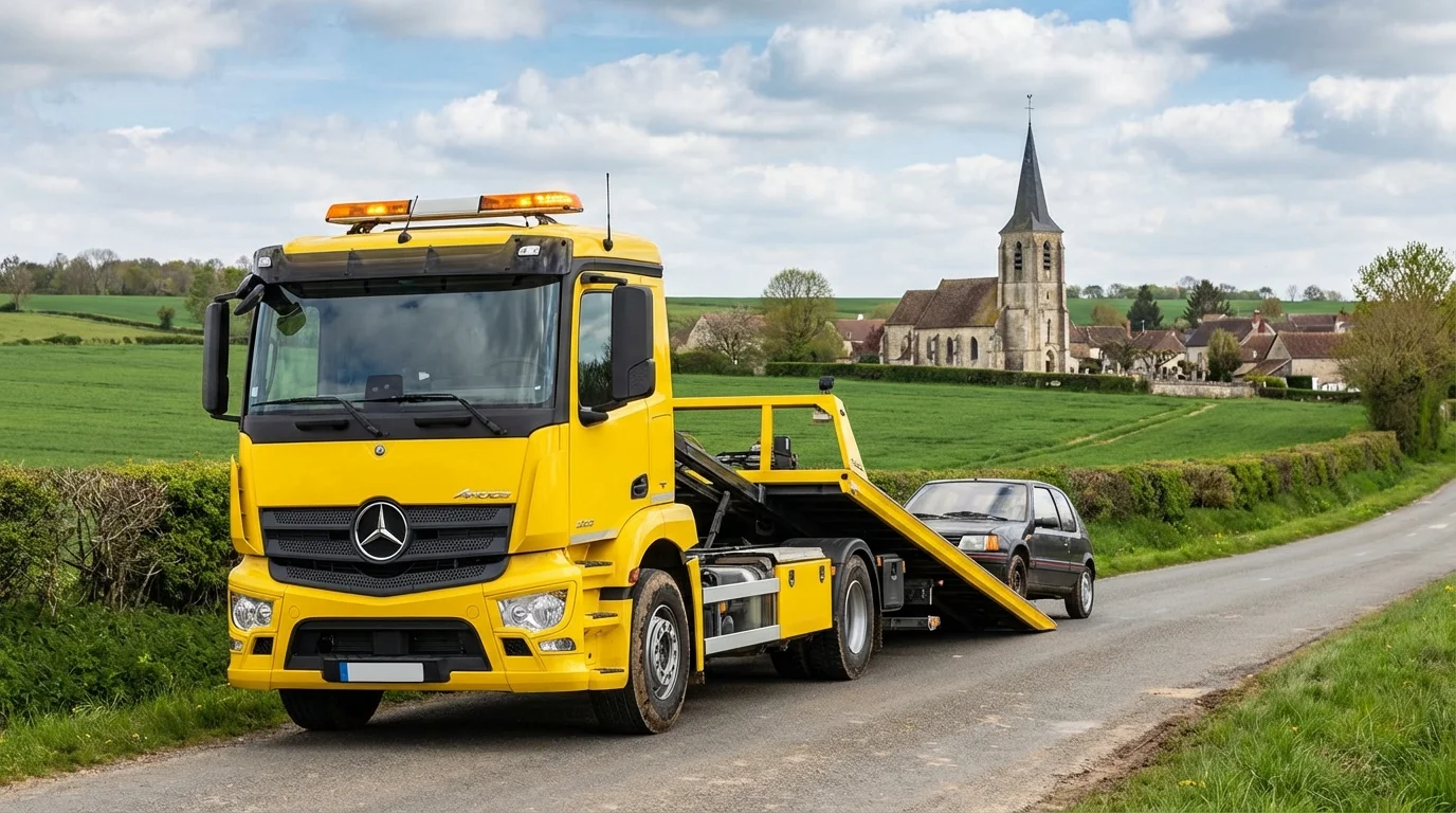 Dépanneuse Fast Depann en intervention sur une route rurale de Chennevières-lès-Louvres près de l'église