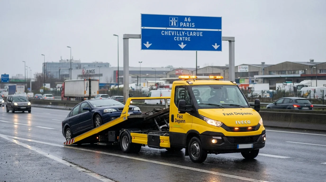 Camion de dépannage Fast Depann en intervention sur une voiture en panne au bord de la N7 à Chevilly-Larue, près de l'autoroute A6.