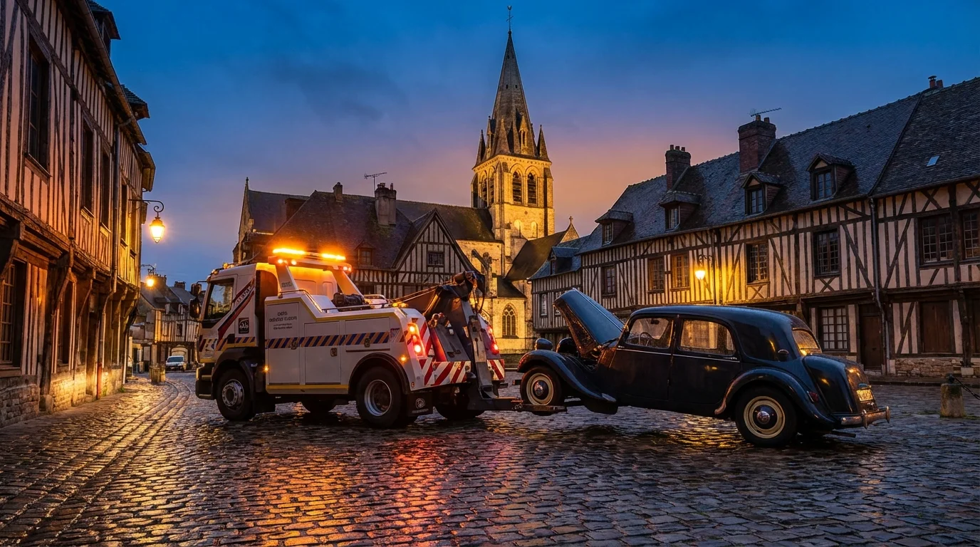 Dépanneuse intervenant dans le centre historique de Clermont Oise près de l'église Saint-Samson