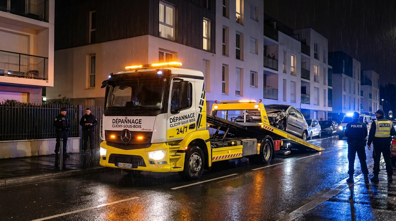 Dépanneuse Fast Depann intervenant de nuit pour un remorquage voiture à Clichy-sous-Bois 93390