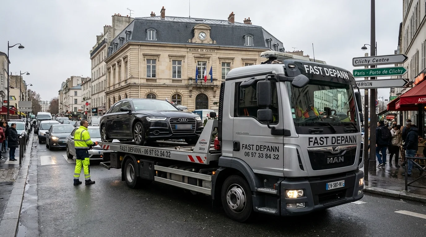 Dépanneuse Fast Depann intervenant pour un remorquage de voiture devant la Mairie de Clichy