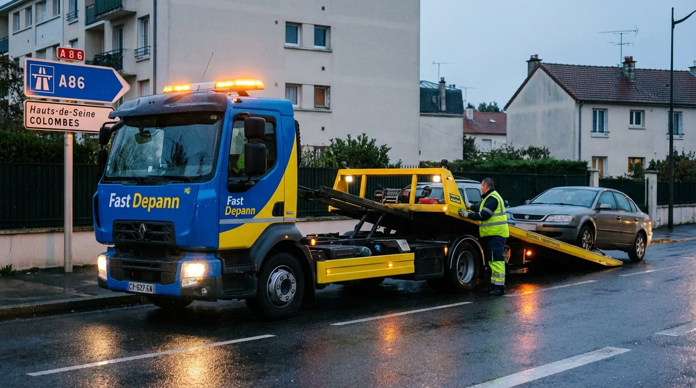 Intervention de dépannage auto par Fast Depann à Colombes près de l'A86 au crépuscule.