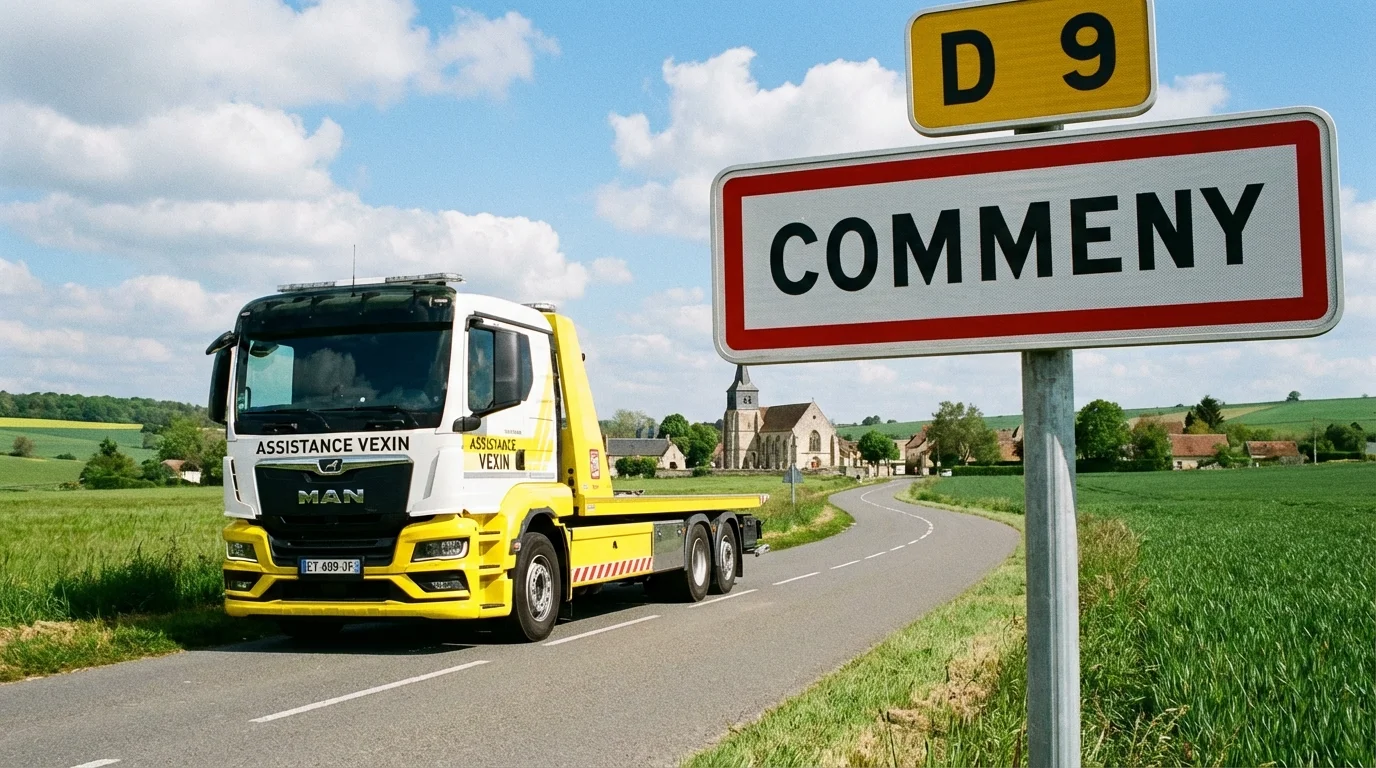 Dépanneuse Fast Depann en intervention à l'entrée du village de Commeny (95450) dans le Vexin.