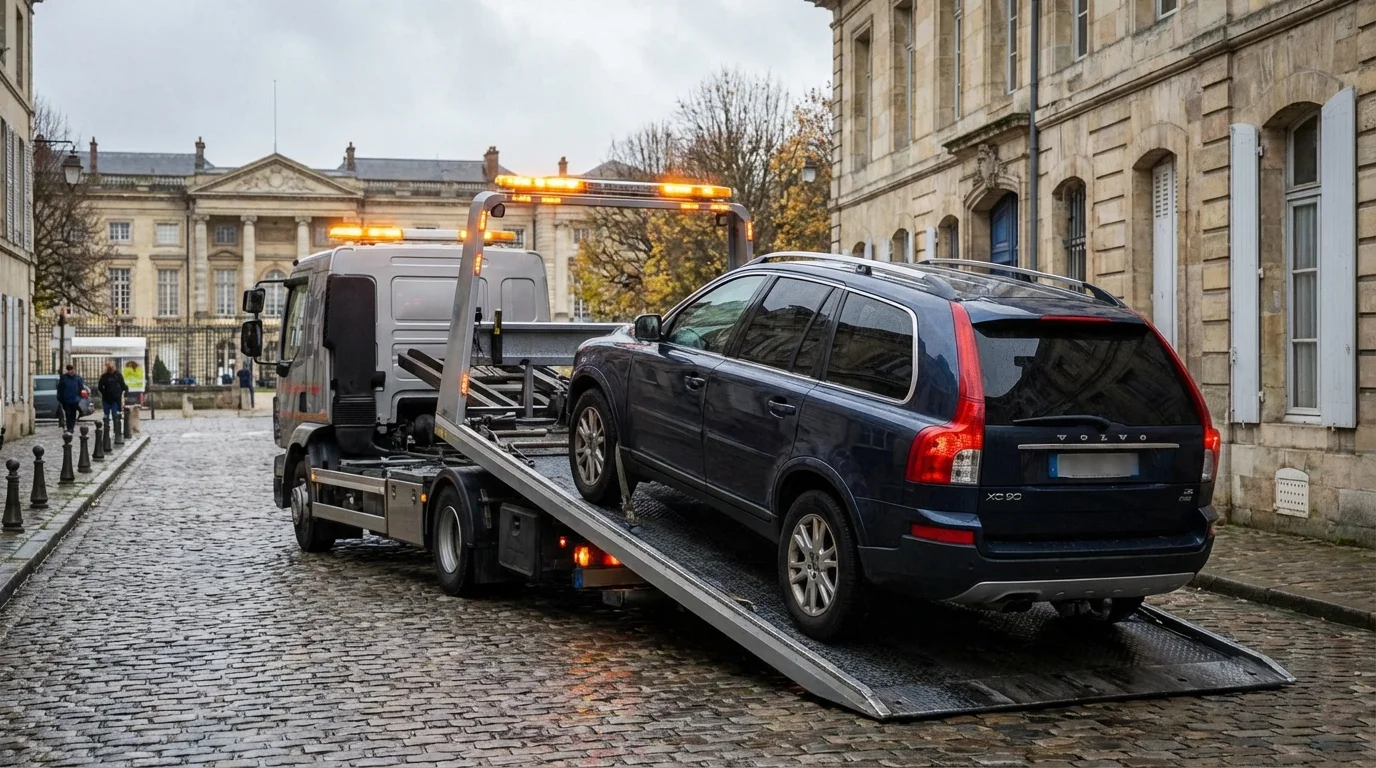 Dépanneuse Fast Depann intervenant sur une voiture en panne dans le centre-ville de Compiègne près du Palais