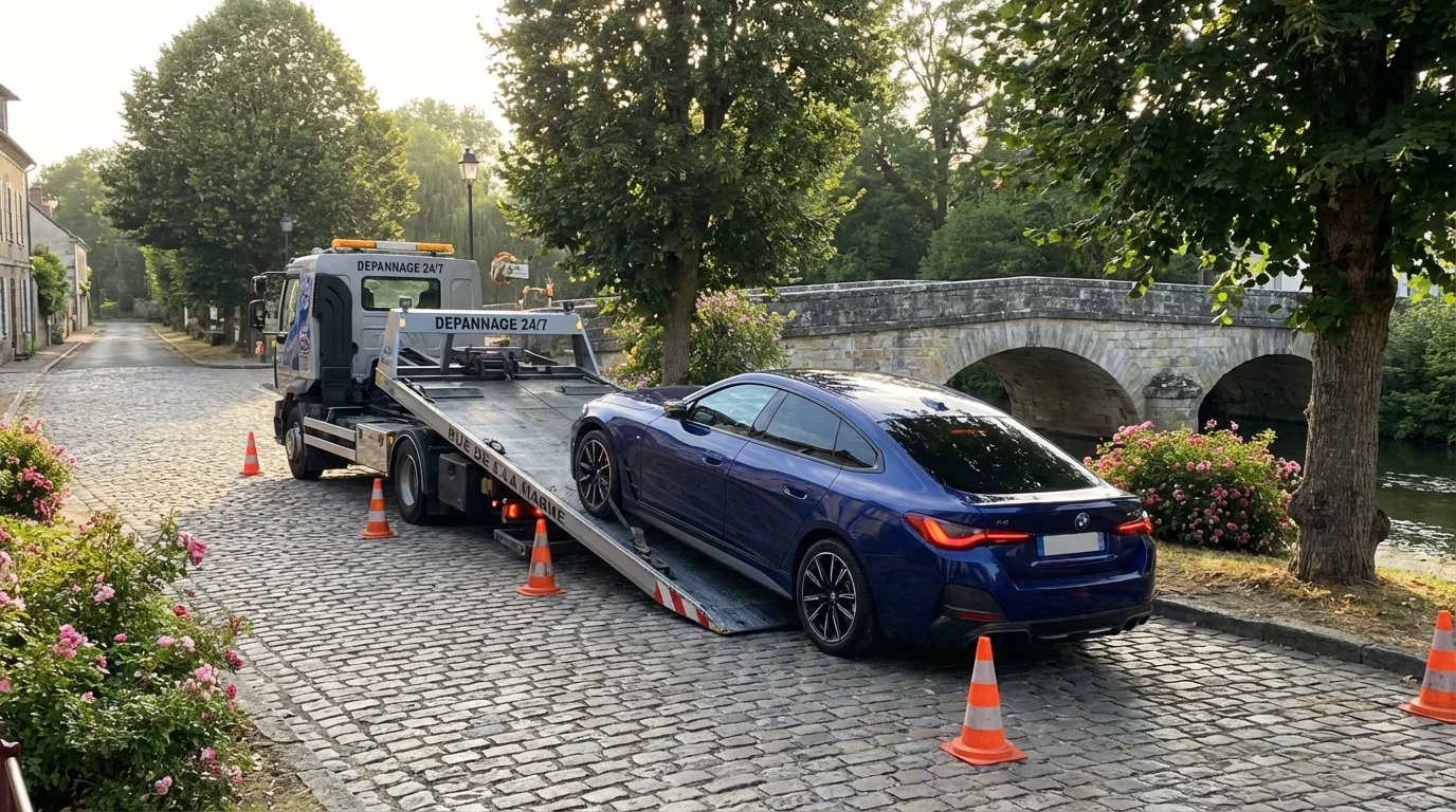 Dépanneuse intervenant sur une voiture en panne à Condé-Sainte-Libiaire 77450