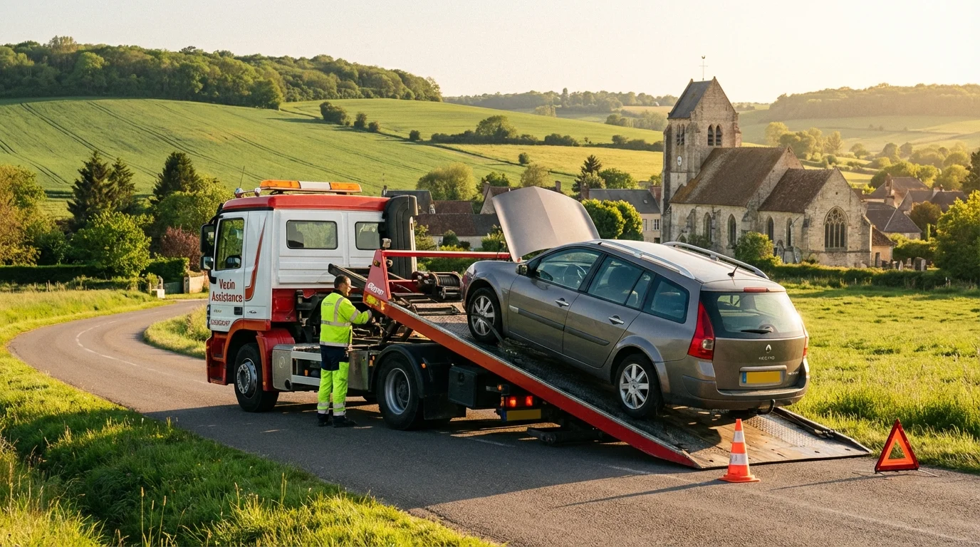 Dépanneuse Fast Depann en intervention sur une route de campagne à Condécourt dans le Vexin
