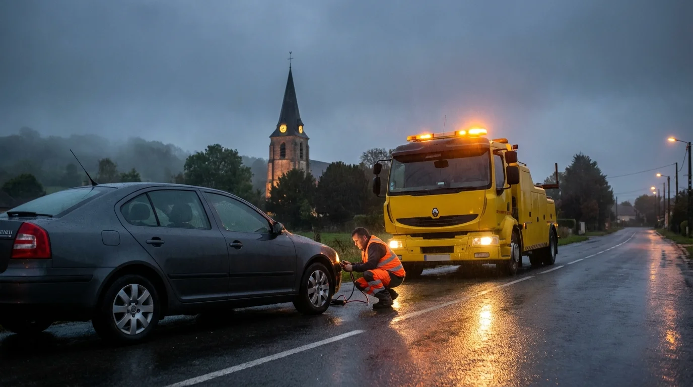 Dépanneuse intervenant pour une panne de batterie à Congis-sur-Therouanne devant l'église Saint-Rémi