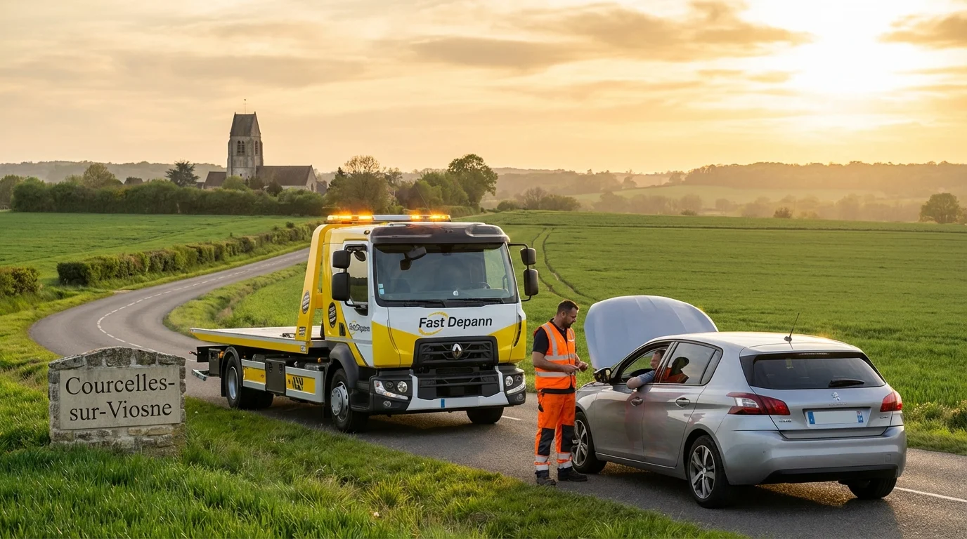 Dépanneuse Fast Depann en intervention sur une route de campagne à Courcelles-sur-Viosne, Val-d'Oise, assistant un automobiliste en panne.