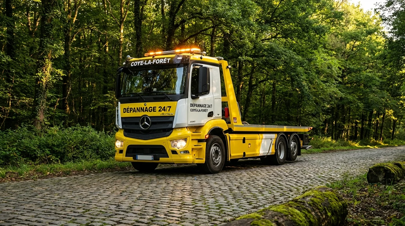 Dépanneuse Fast Depann en intervention à Coye-la-Foret devant la forêt