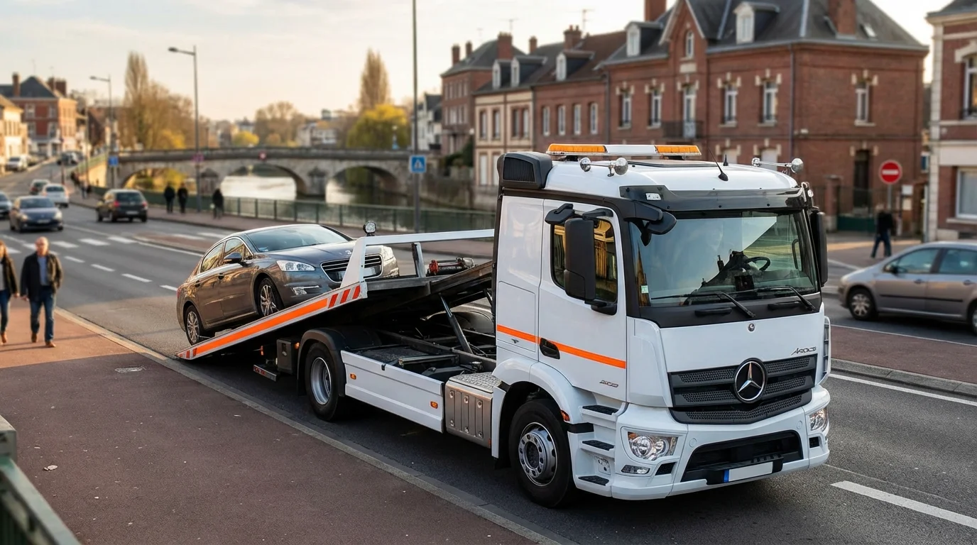 Dépanneuse Fast Depann chargeant un véhicule en panne près du pont de Creil dans l'Oise