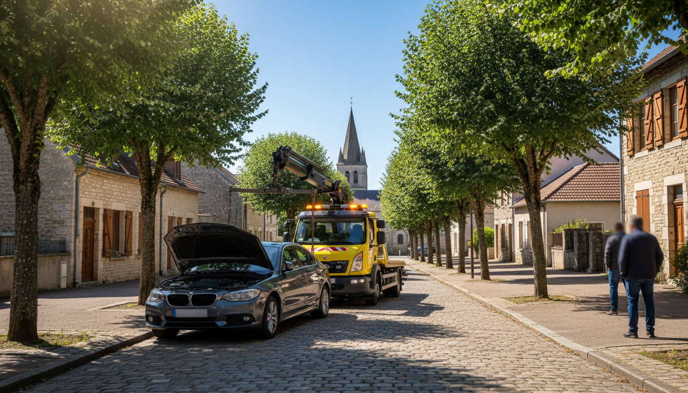 Dépanneuse Fast Depann intervenant pour un dépannage urgent sur une voiture en panne à Ableiges, Val d'Oise.