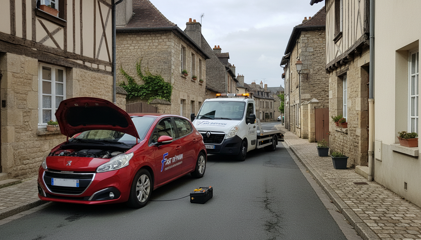 Dépanneuse Fast Depann intervenant sur une voiture en panne dans une rue d'Amenucourt, Val d'Oise, sous un ciel légèrement couvert.