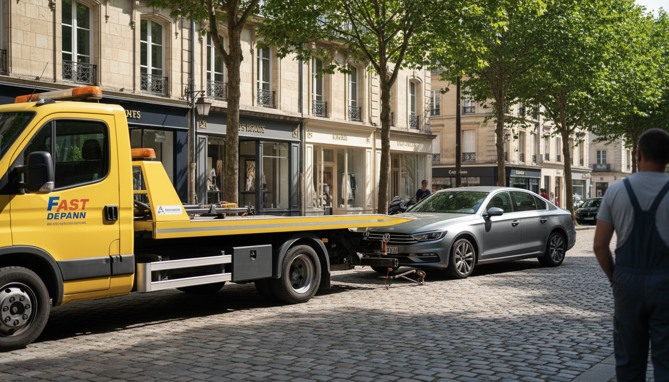 Dépanneuse Fast Depann intervenant sur une voiture en panne dans une rue résidentielle d'Andilly, Val d'Oise.